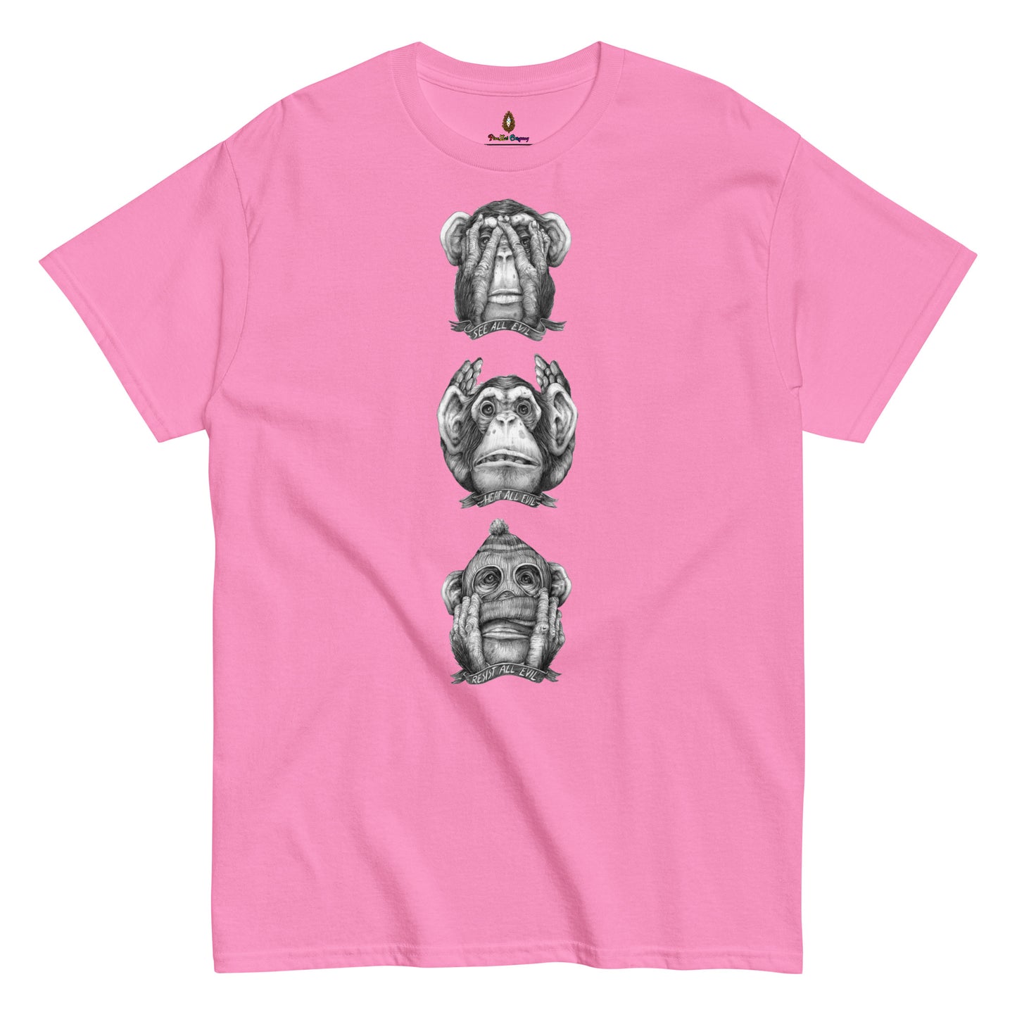 adult unisex see no evil hear no evil speak no evil t-shirt by PineZai Company pink front view