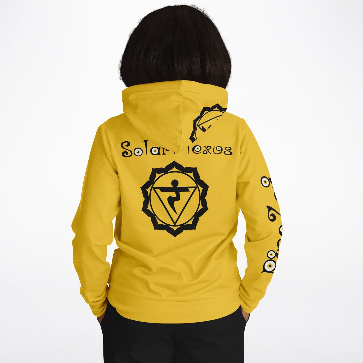 adult unisex yellow solar chakra hoodie by PineZai Company female back view