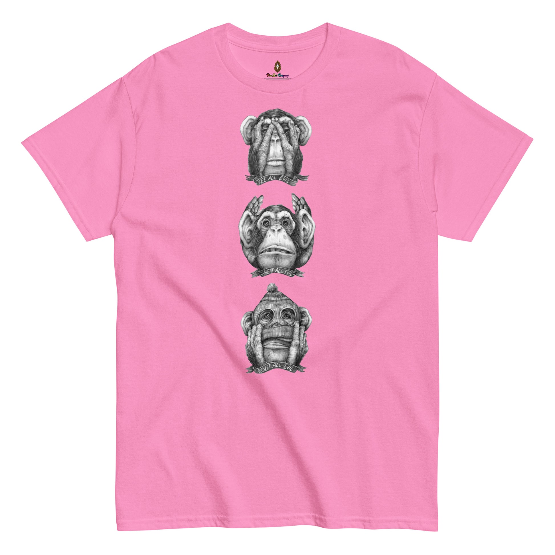 adult unisex see no evil hear no evil speak no evil t-shirt by PineZai Company pink front view