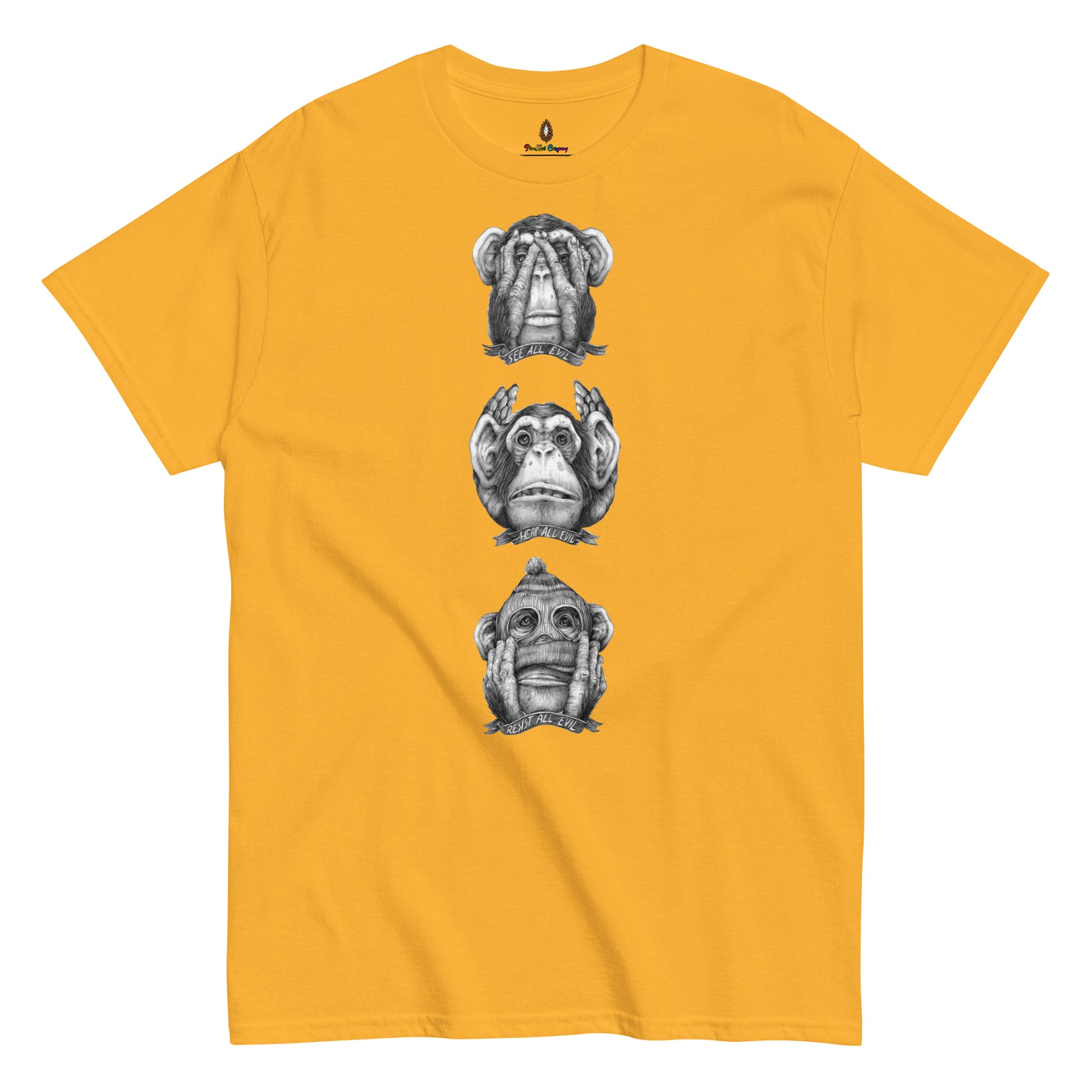 adult unisex see no evil hear no evil speak no evil t-shirt by PineZai Company yellow front view