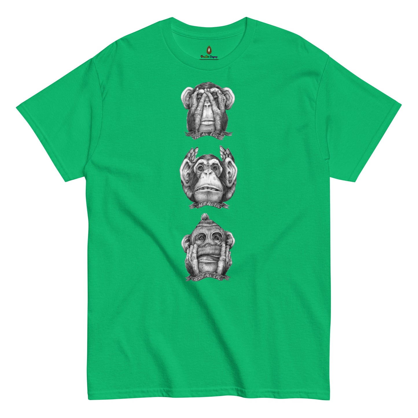 adult unisex see no evil hear no evil speak no evil t-shirt by PineZai Company green front view