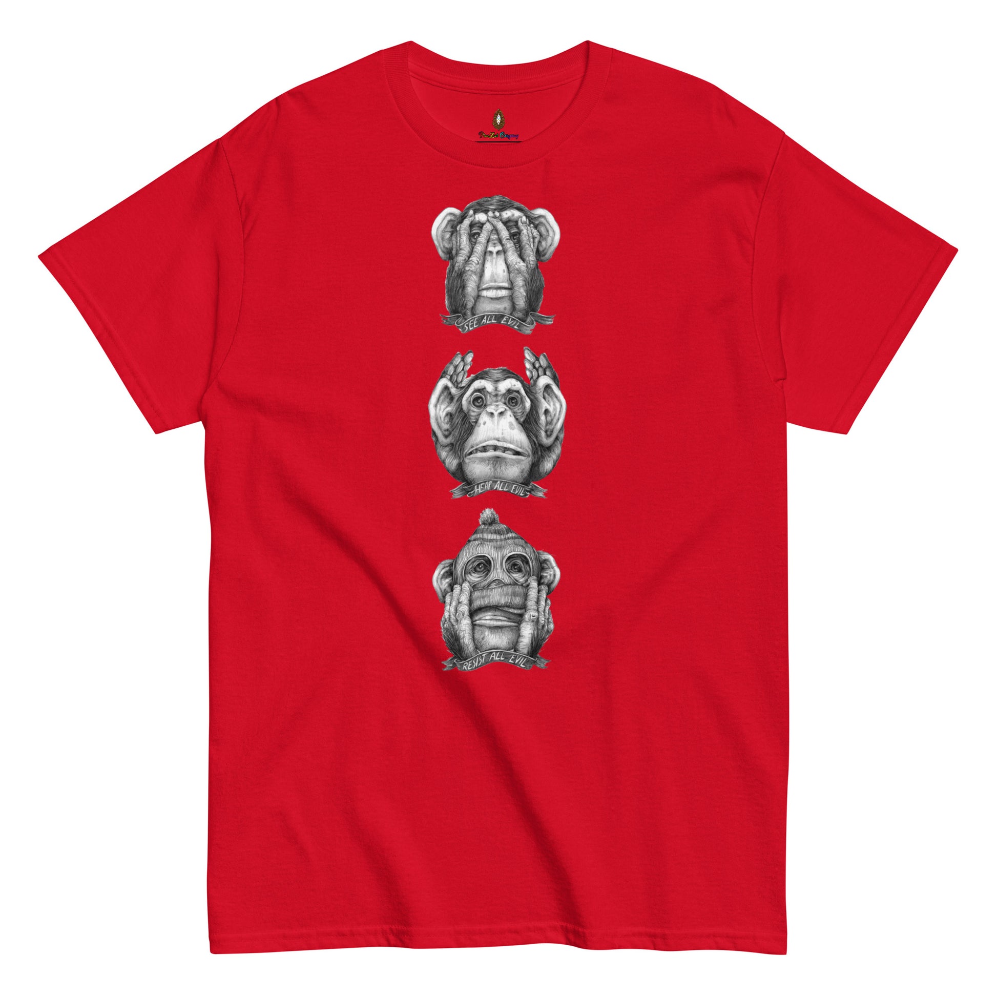 adult unisex see no evil hear no evil speak no evil t-shirt by PineZai Company red front view