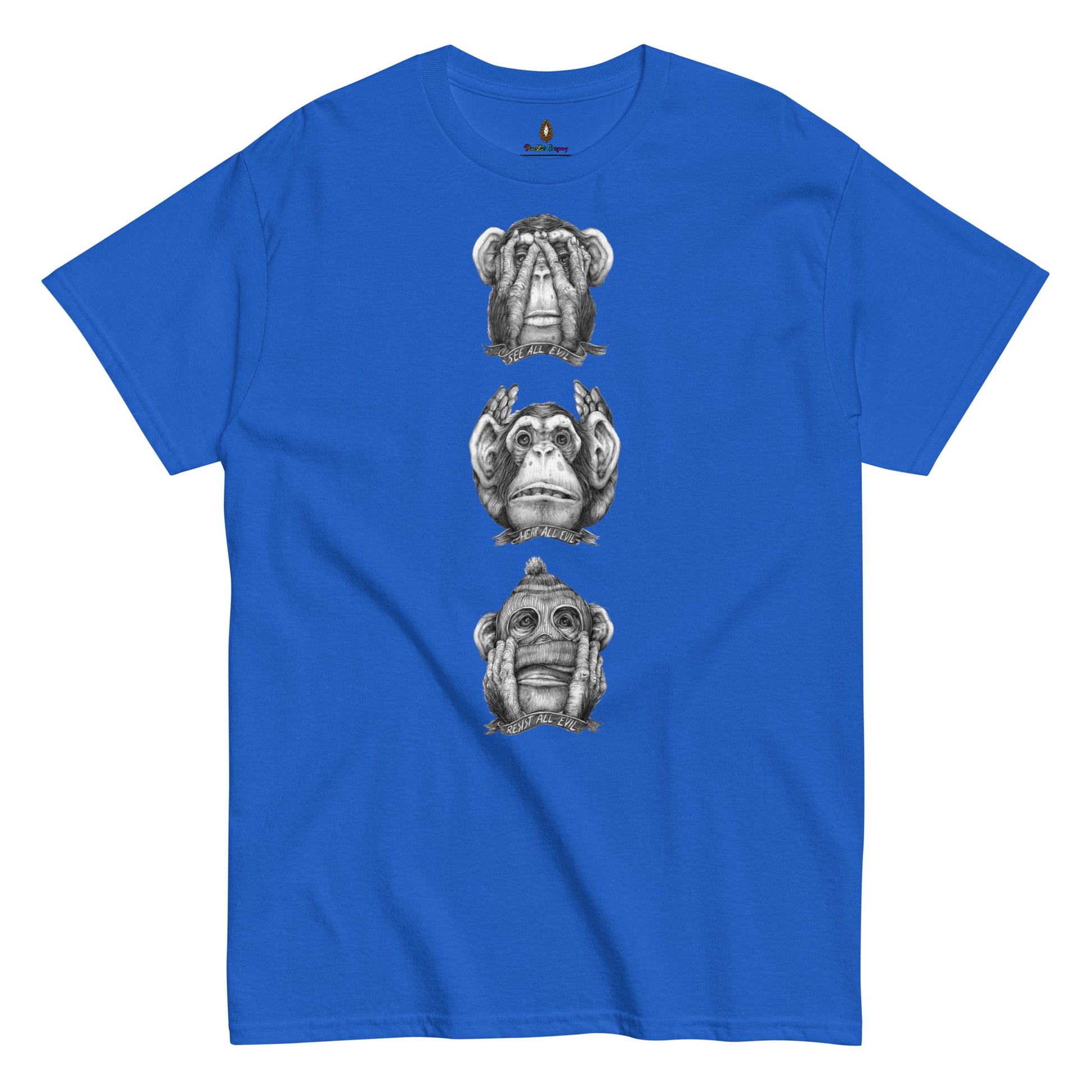 adult unisex see no evil hear no evil speak no evil t-shirt by PineZai Company blue front view