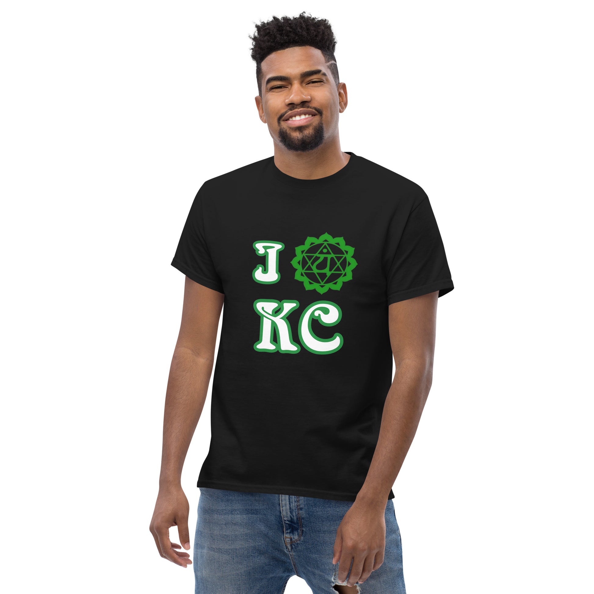 adult men's black and green heart chakra Kansas City t-shirt by PineZai Company front view 2