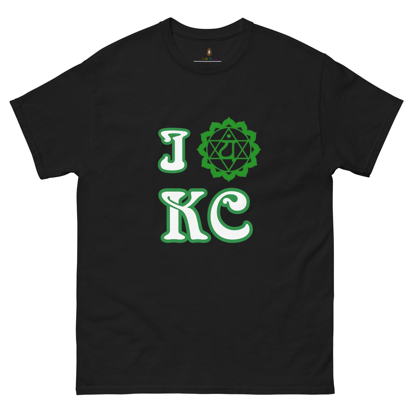 adult men's black and green heart chakra Kansas City t-shirt by PineZai Company front view
