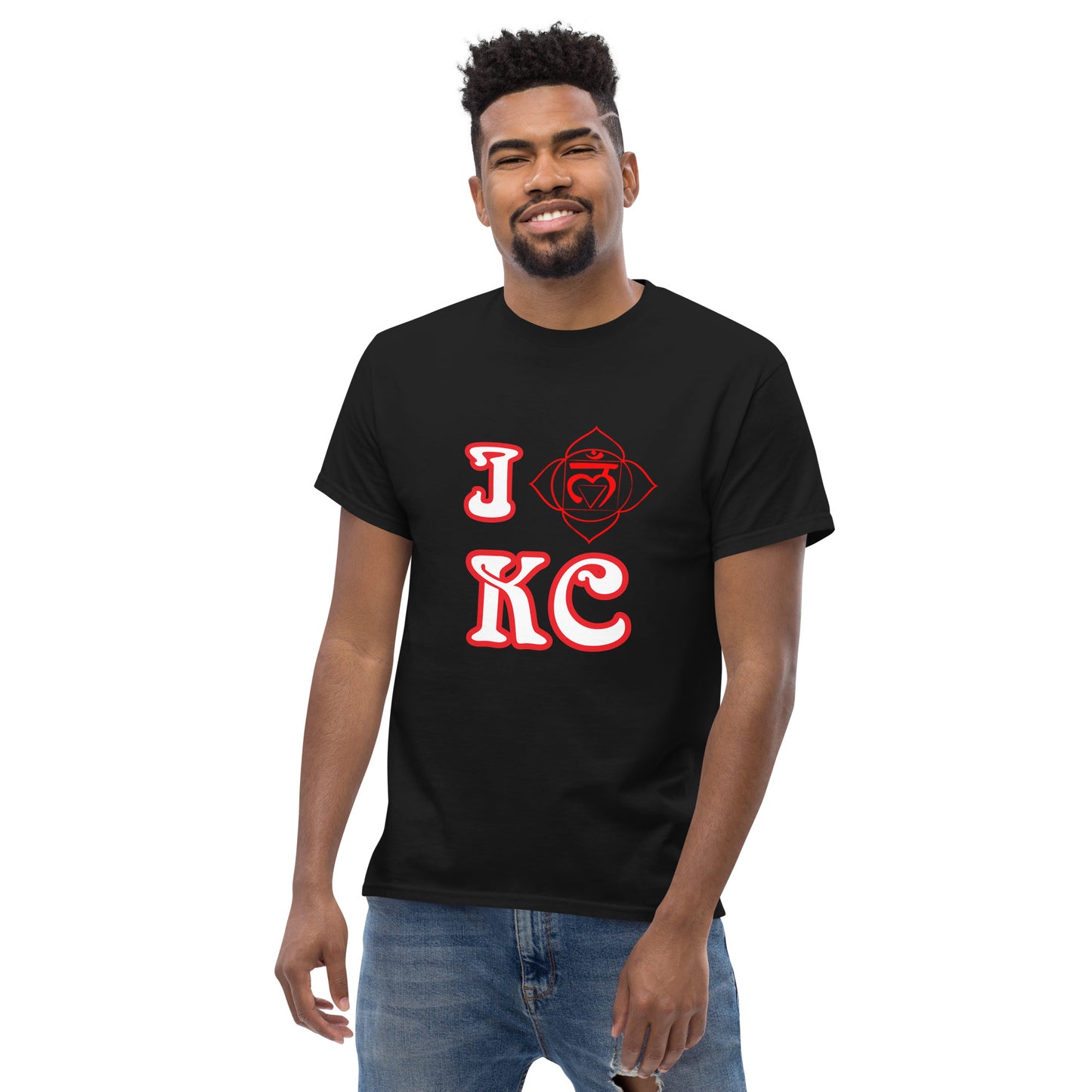 adult men's black and red root chakra Kansas City t-shirt by PineZai Company front view 2