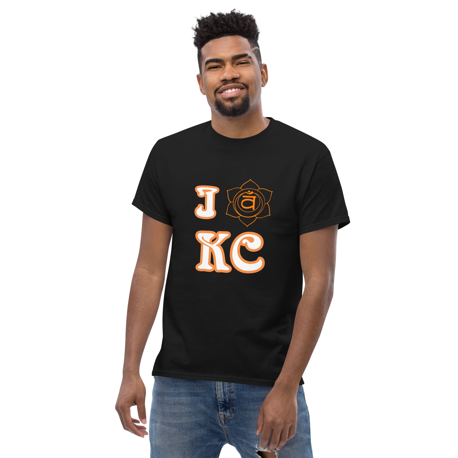 adult men's black and orange sacral chakra Kansas City t-shirt by PineZai Company front view 2