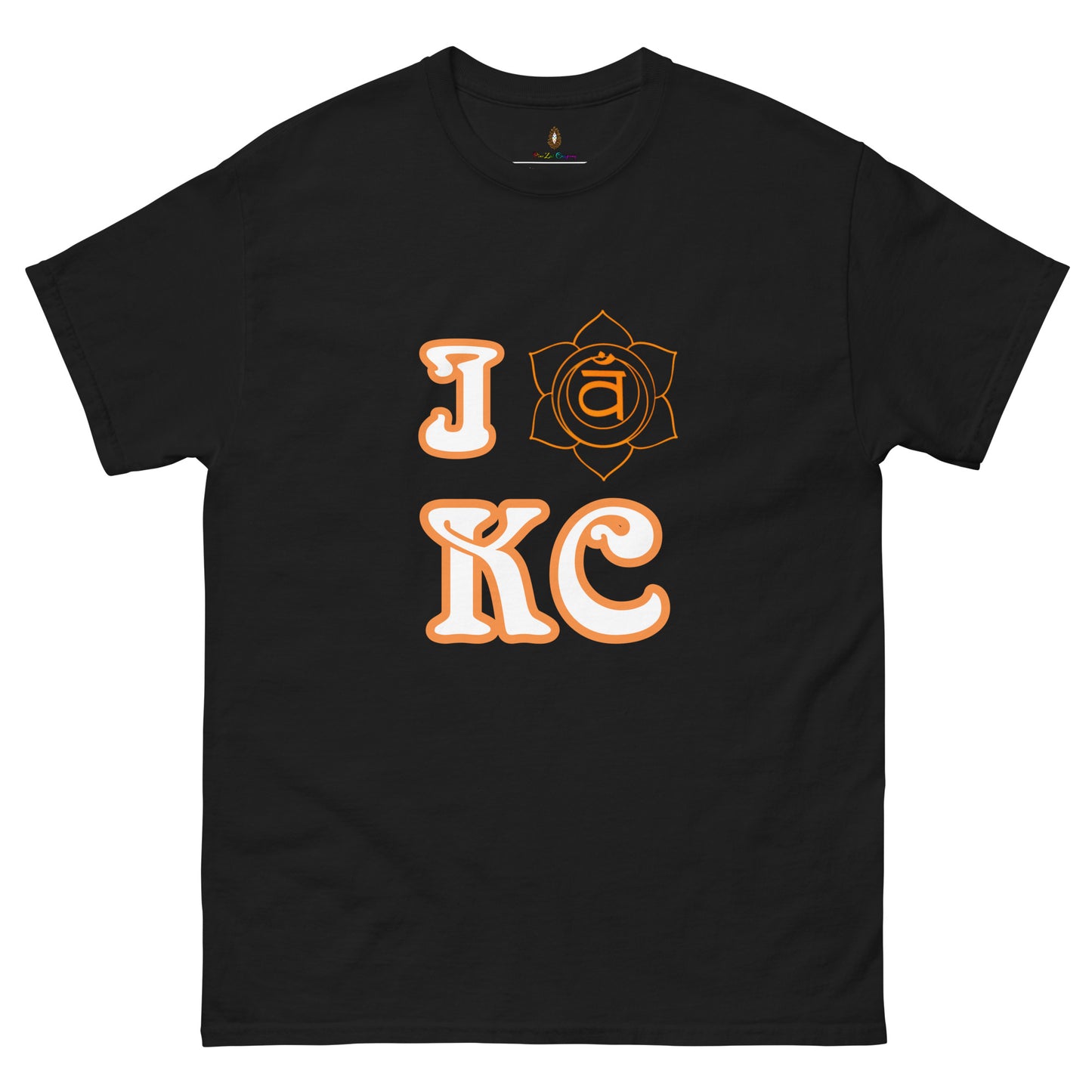 adult men's black and orange sacral chakra Kansas City t-shirt by PineZai Company front view