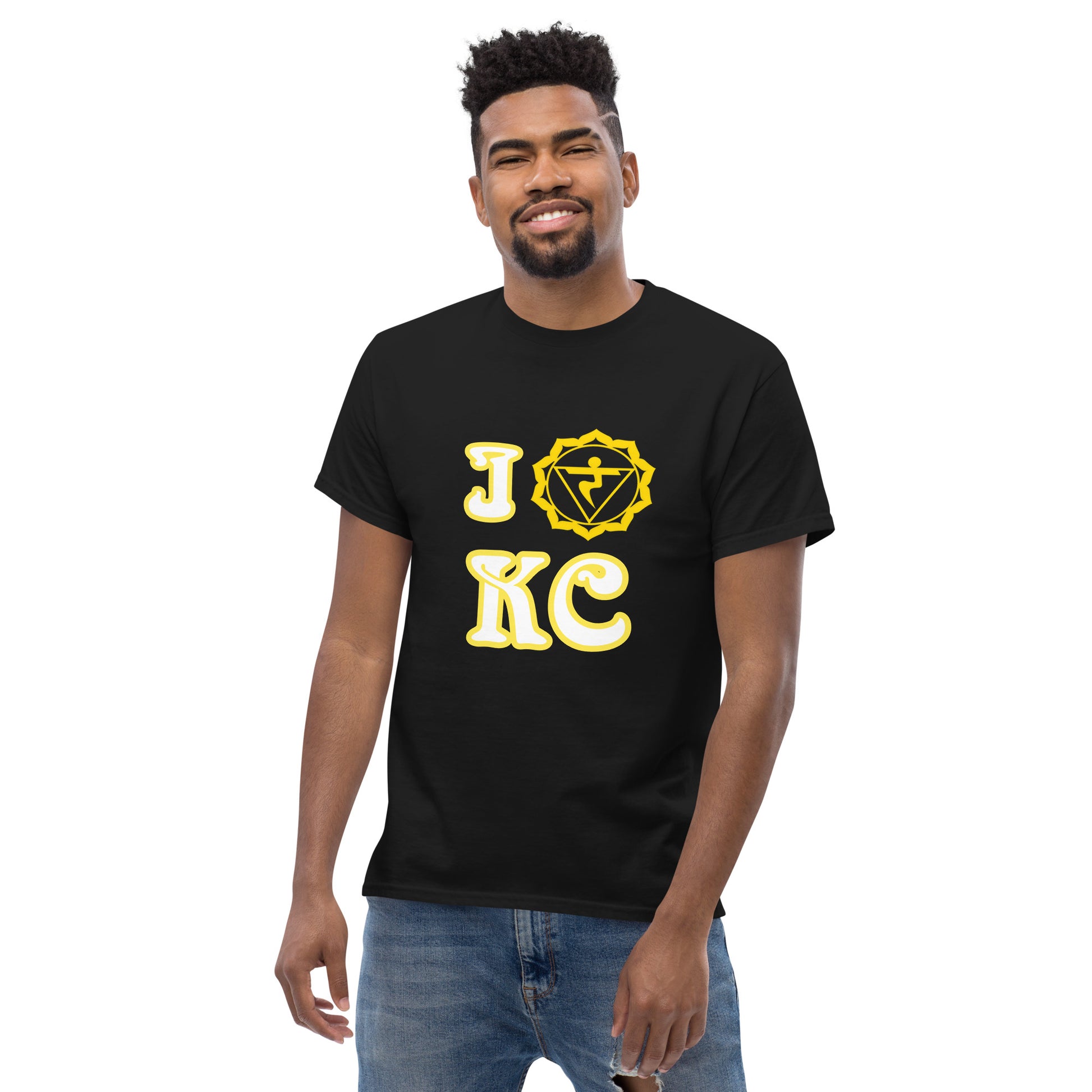 adult men's black and yellow solar chakra Kansas City t-shirt by PineZai Company front view 2