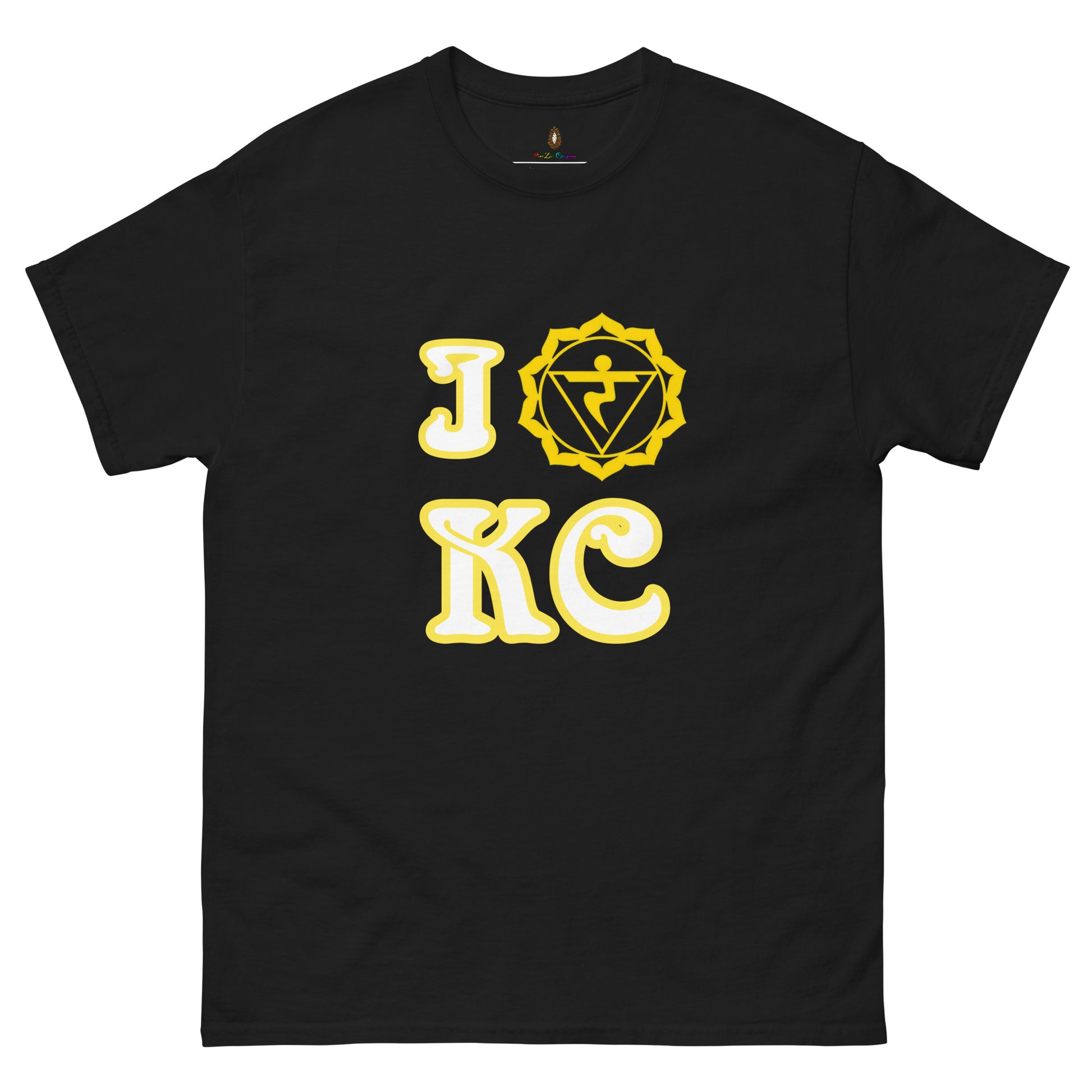 adult men's black and yellow solar chakra Kansas City t-shirt by PineZai Company front view