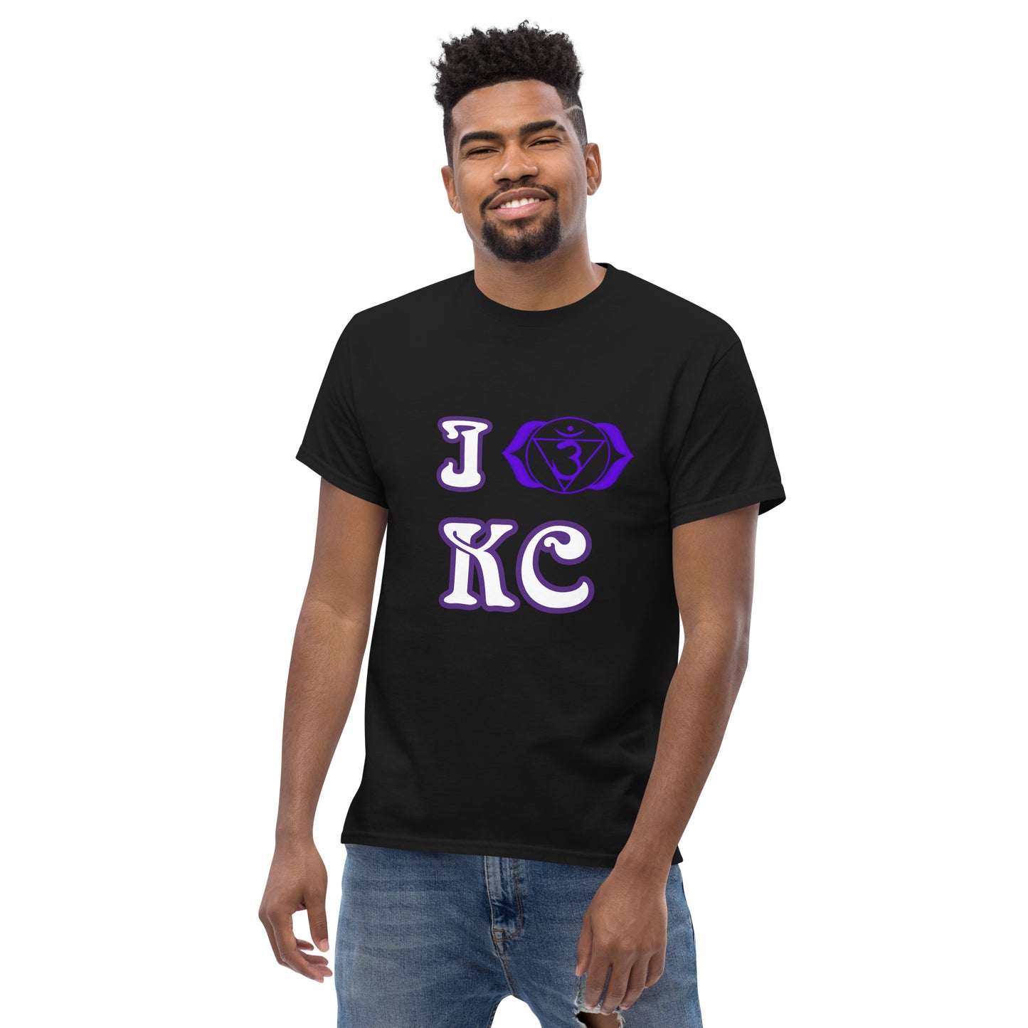 adult men's black and purple third eye chakra Kansas City t-shirt by PineZai Company front view 2