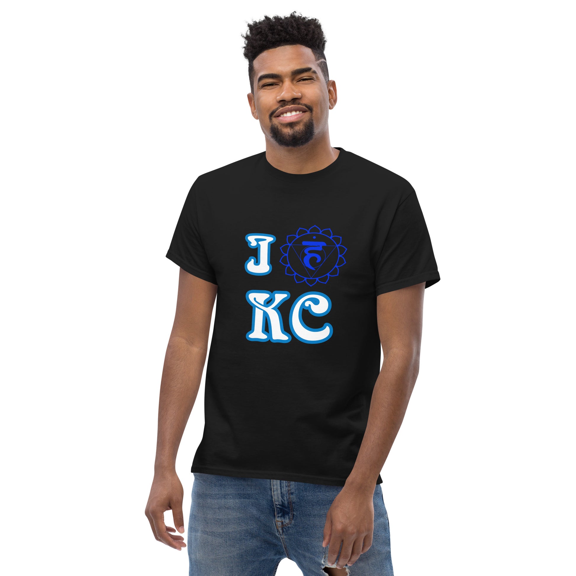 adult men's black and blue throat chakra Kansas City t-shirt by PineZai Company front view 2
