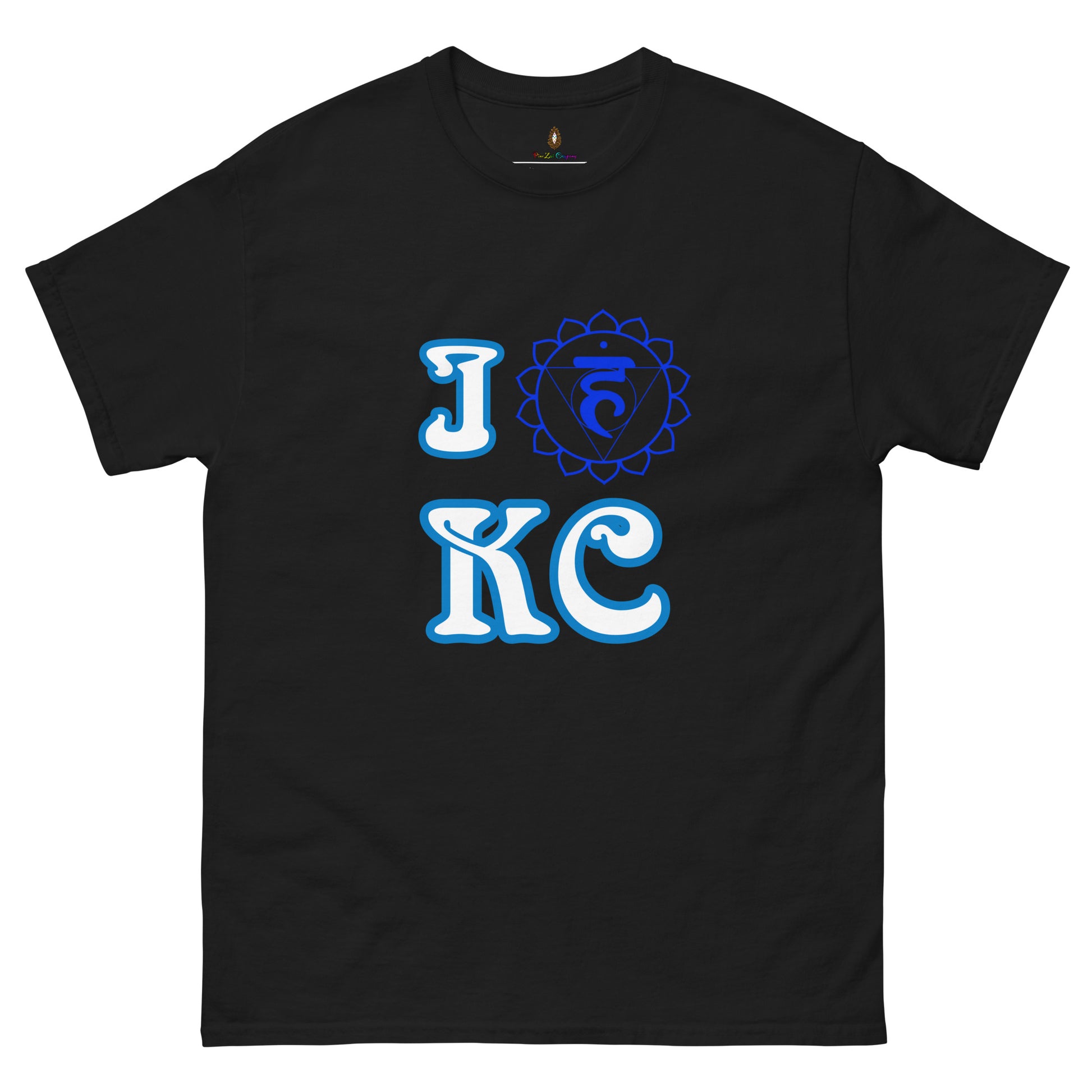 adult men's black and blue throat chakra Kansas City t-shirt by PineZai Company front view
