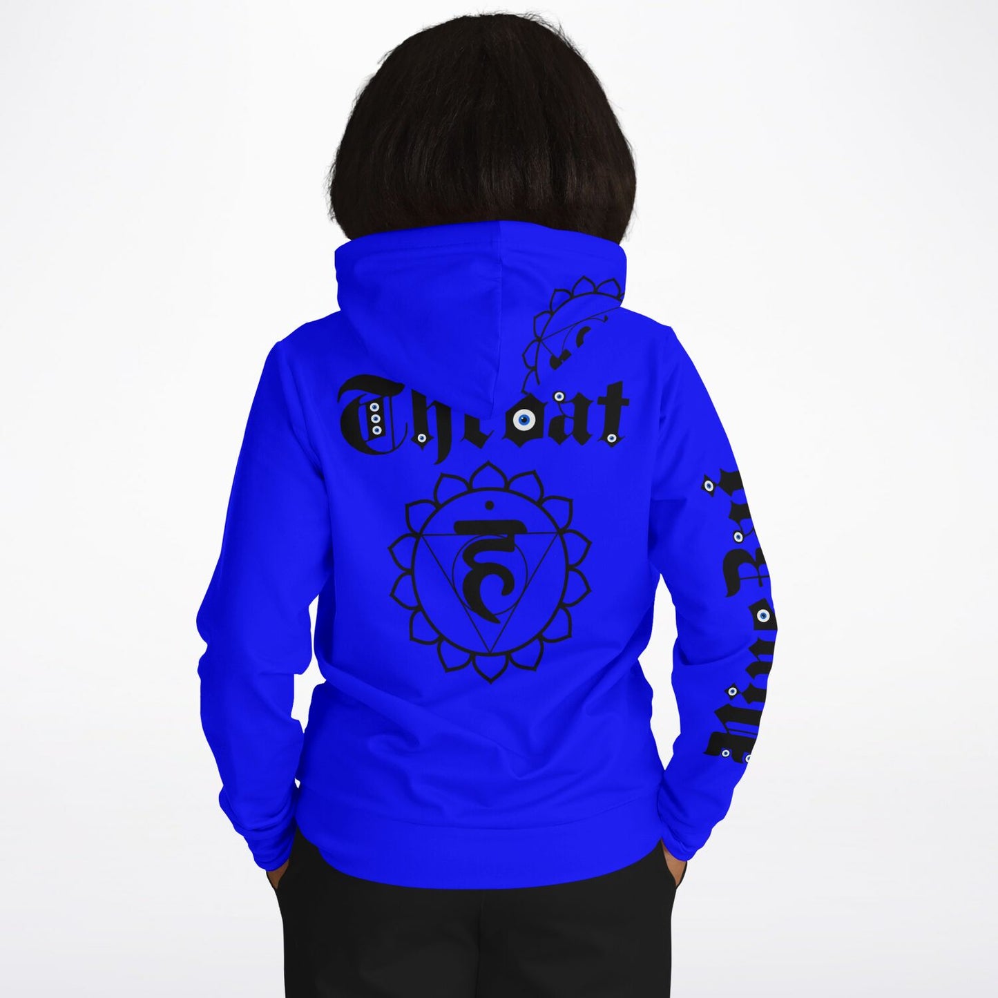 adult unisex blue throat chakra hoodie by PineZai Company female back view