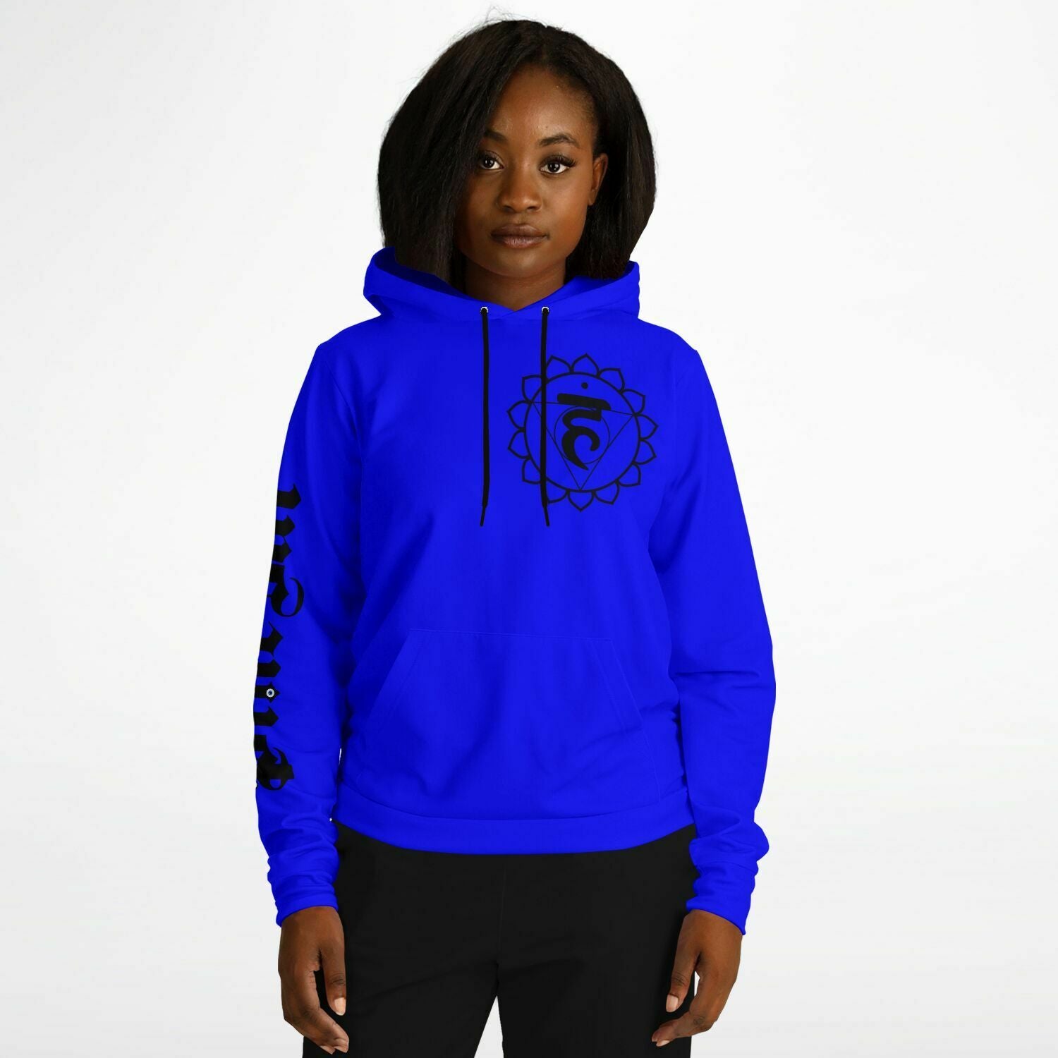 adult unisex blue throat chakra hoodie by PineZai Company female front view