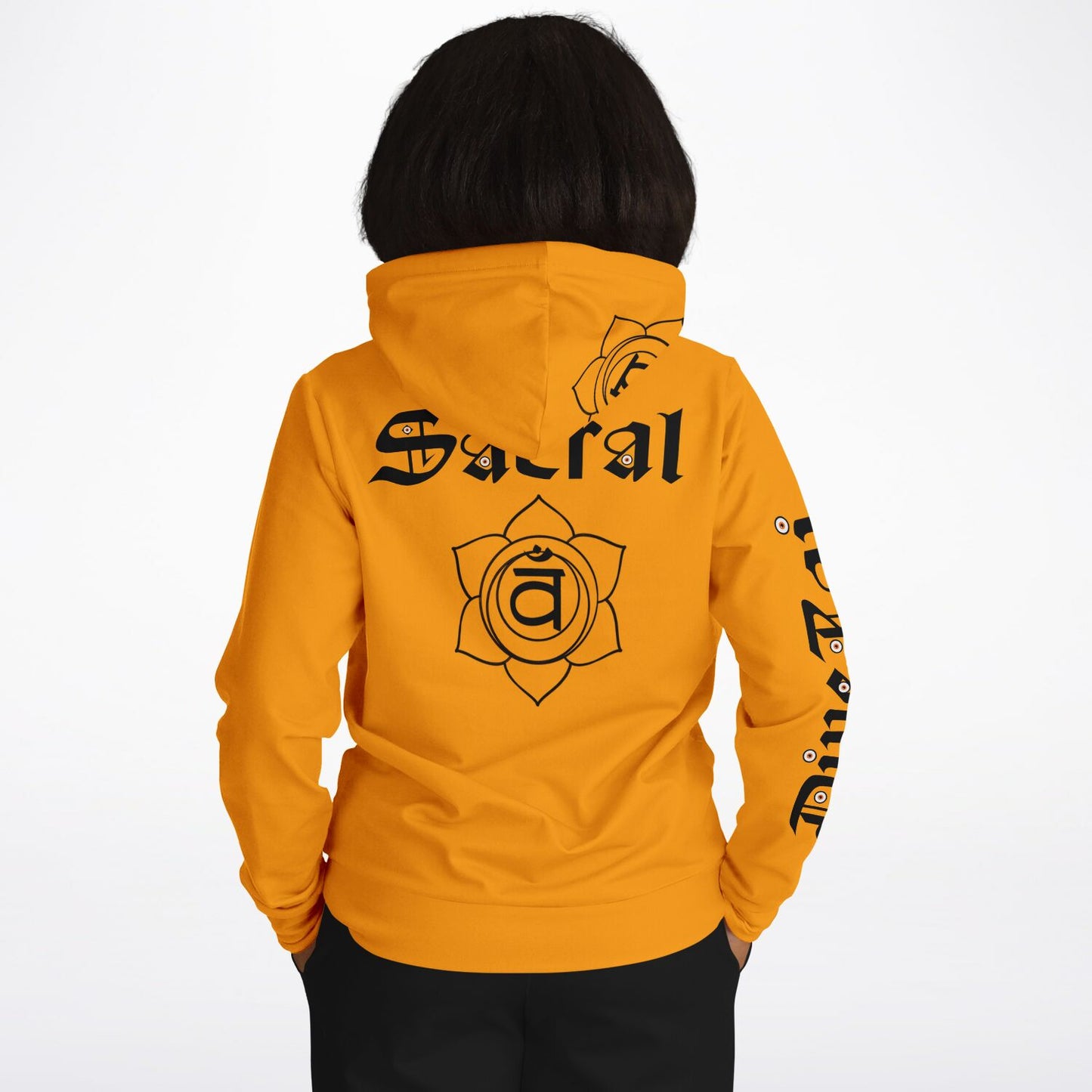 adult unisex orange sacral chakra hoodie by PineZai Company female back view