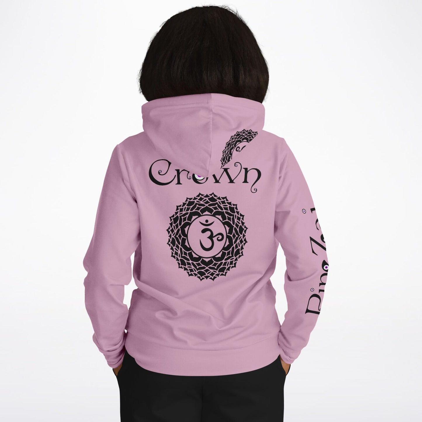 adult unisex pink crown chakra hoodie by PineZai Company female back view
