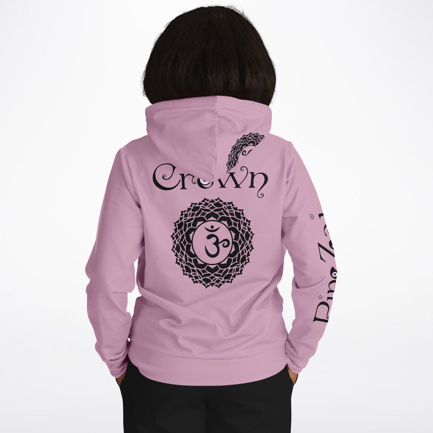 adult unisex pink crown chakra hoodie by PineZai Company female back view