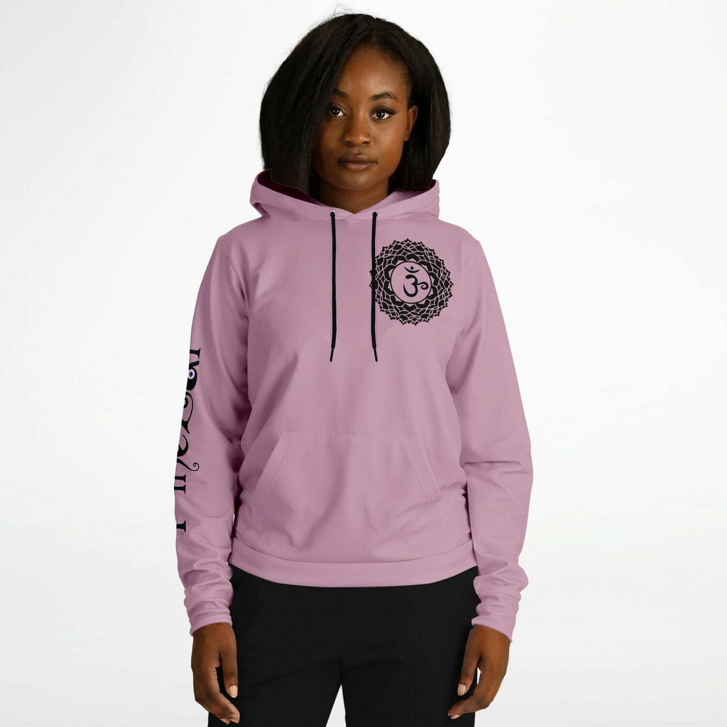 adult unisex pink crown chakra hoodie by PineZai Company female front view