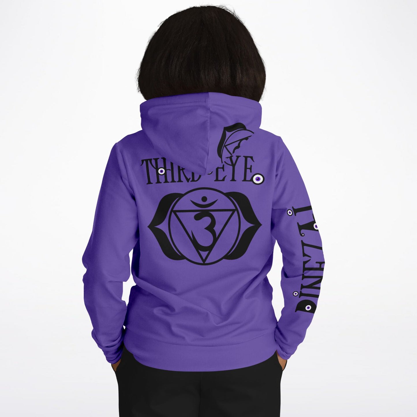 adult unisex purple third eye chakra hoodie by PineZai Company female back view