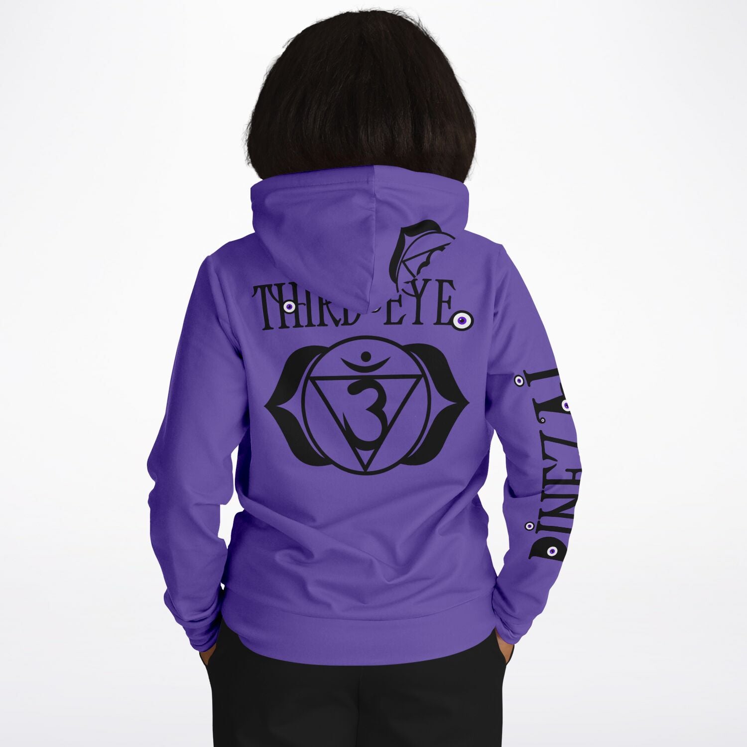 adult unisex purple third eye chakra hoodie by PineZai Company female back view