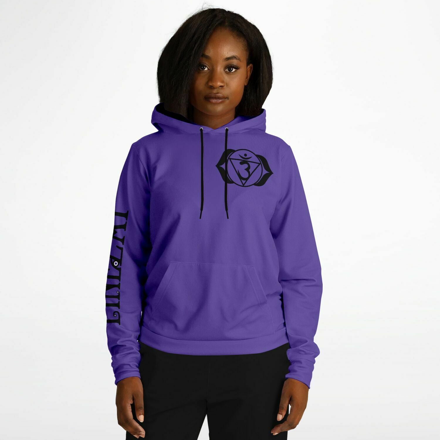 adult unisex purple third eye chakra hoodie by PineZai Company female front view