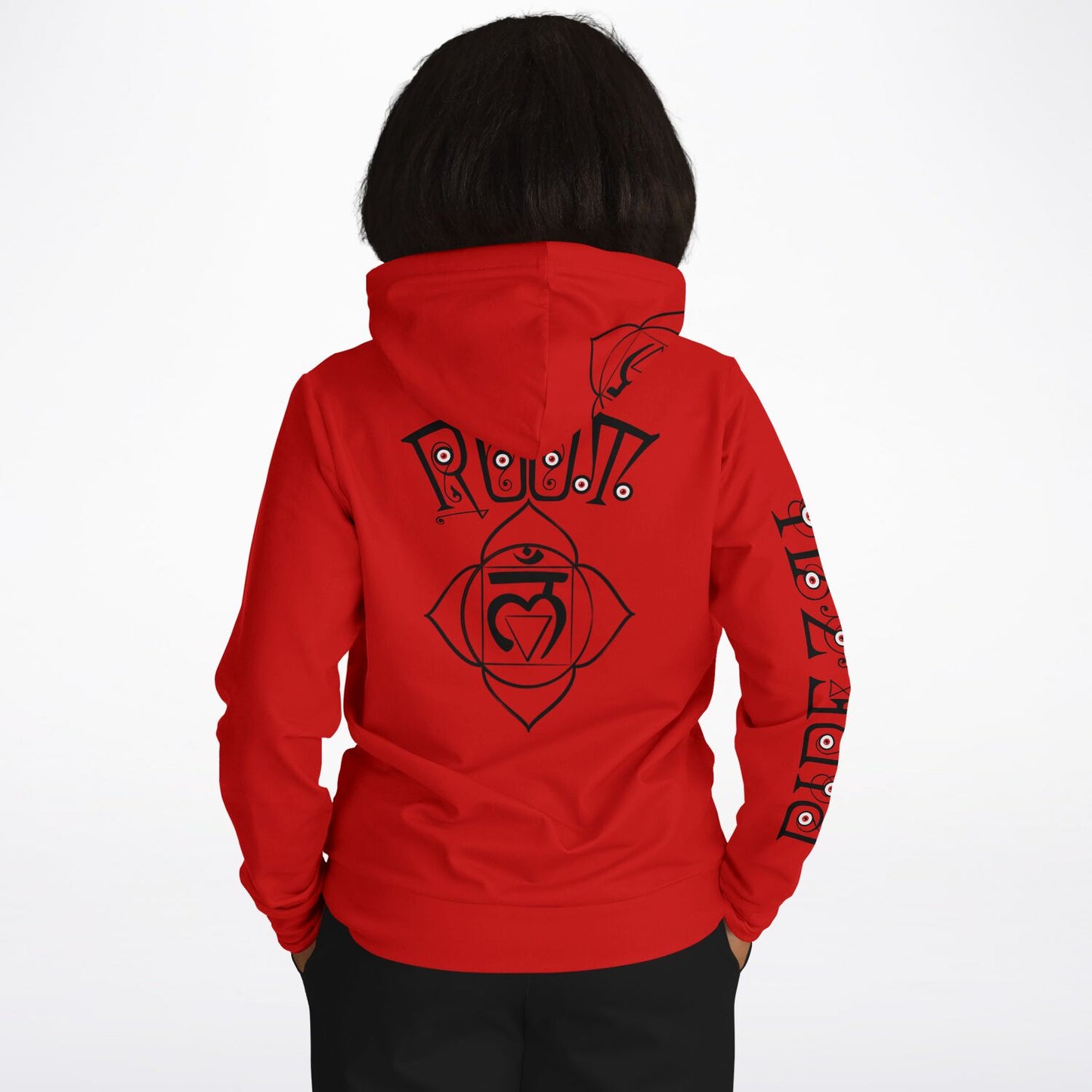 adult unisex red root chakra hoodie by PineZai Company female back view