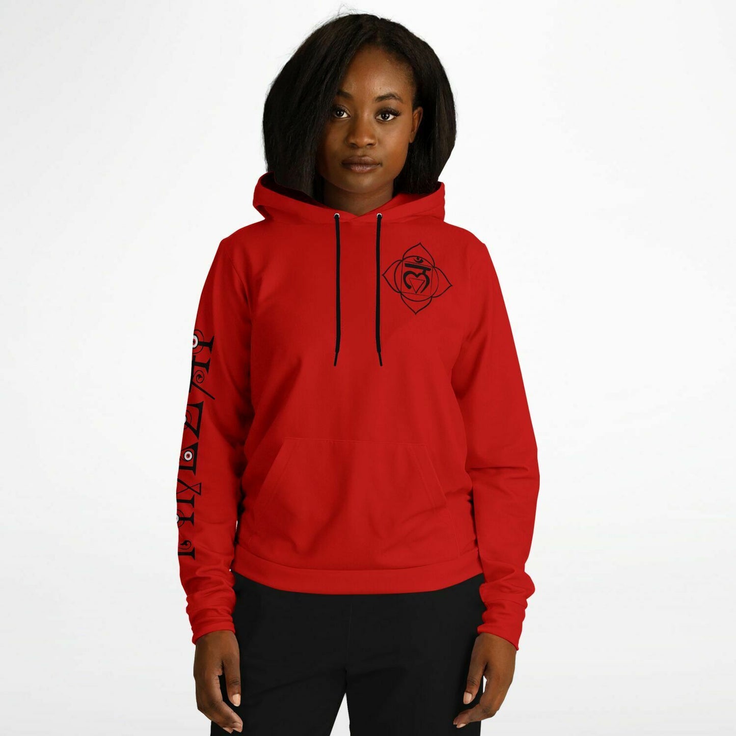 adult unisex red root chakra hoodie by PineZai Company female front view