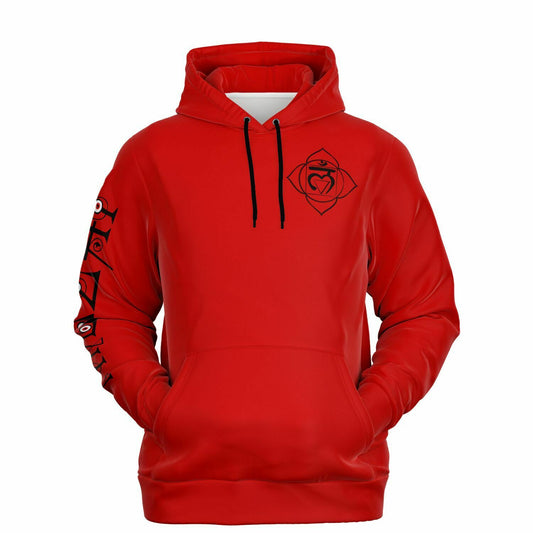 adult unisex red root chakra hoodie by PineZai Company front view