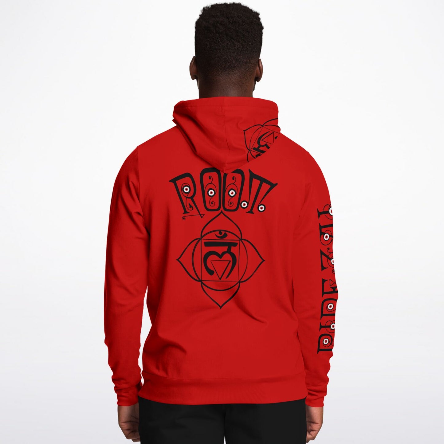 adult unisex red root chakra hoodie by PineZai Company male back view