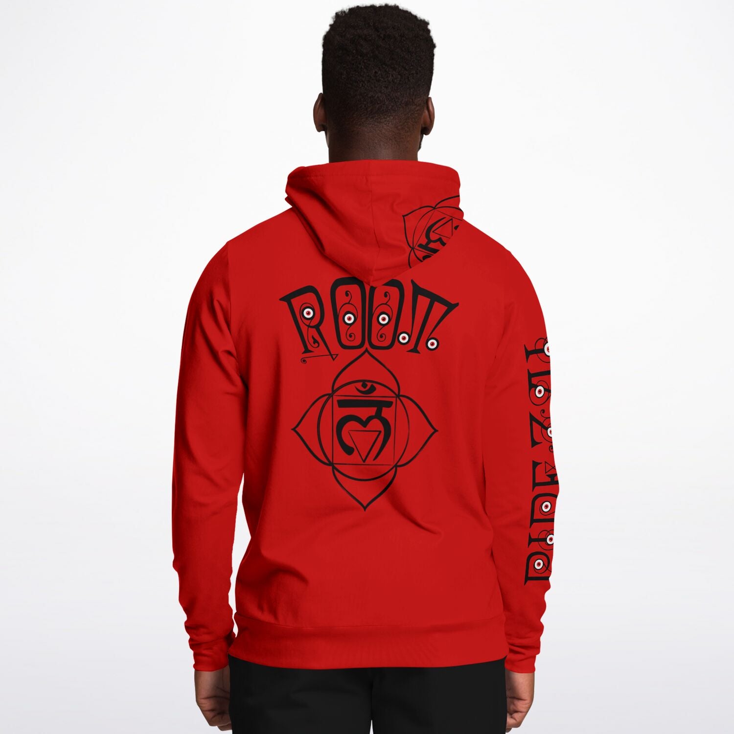 adult unisex red root chakra hoodie by PineZai Company male back view