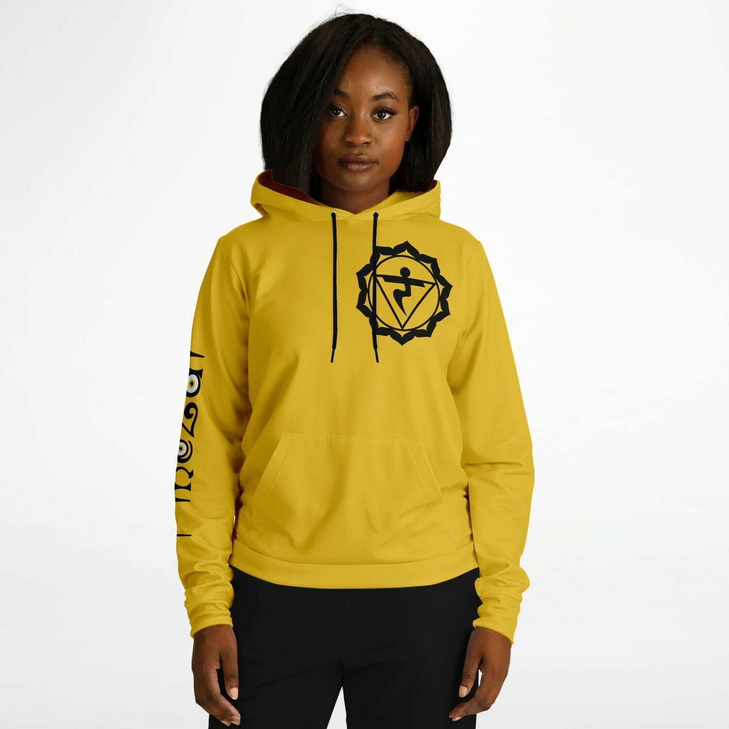 adult unisex yellow solar chakra hoodie by PineZai Company female front view