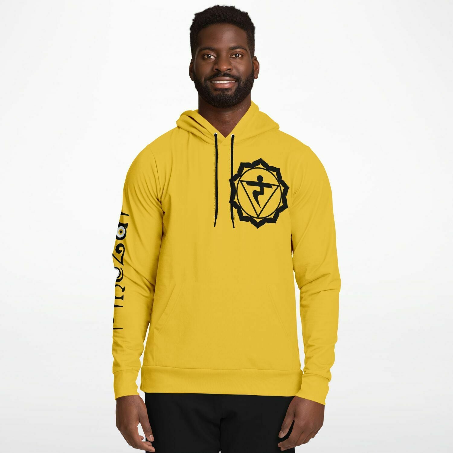 adult unisex yellow solar chakra hoodie by PineZai Company male front view