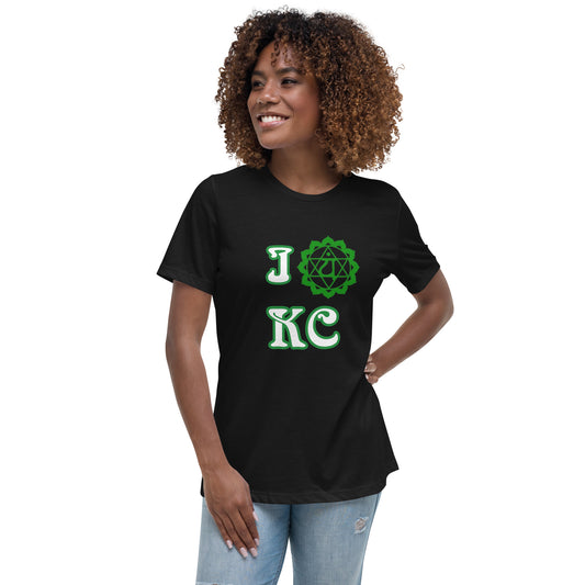 adult women's black and green heart chakra Kansas City t-shirt by PineZai Company front view