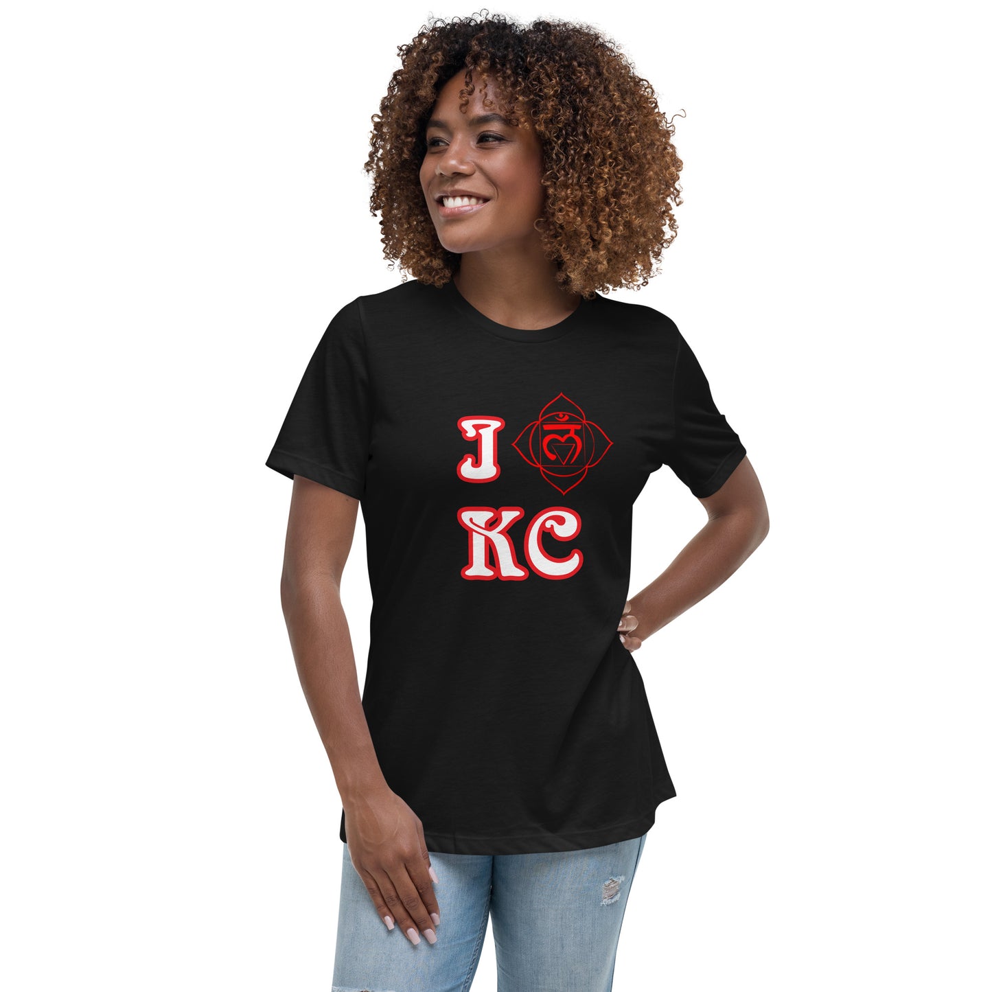 adult women's black and red root chakra Kansas City t-shirt by PineZai Company front view