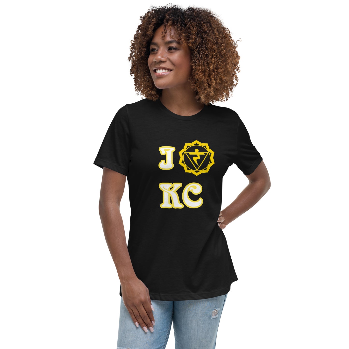 adult women's black and yellow solar chakra Kansas City t-shirt by PineZai Company front view