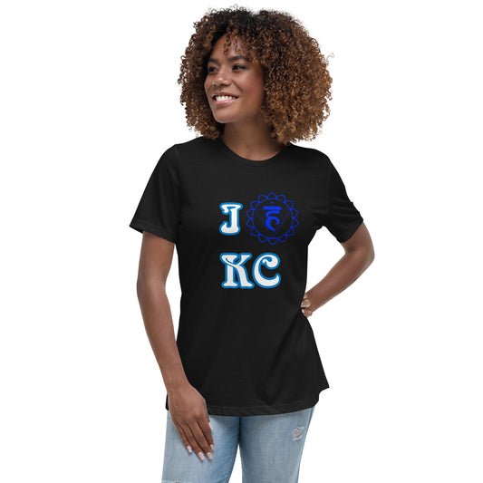 adult women's black and blue throat chakra Kansas City t-shirt by PineZai Company front view
